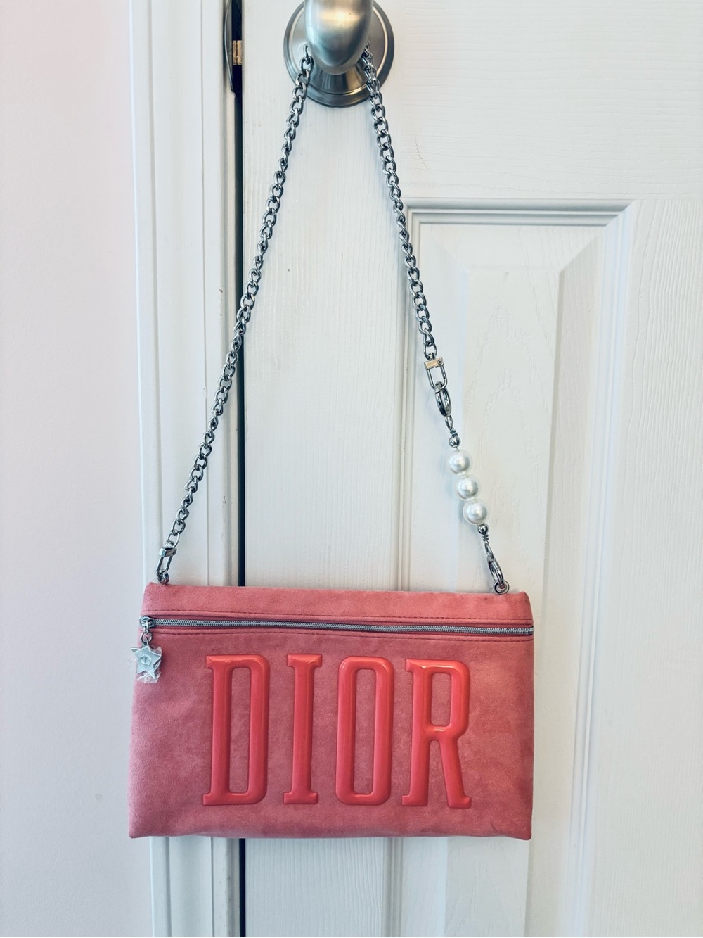 GWP DIOR Pink Suede Logo Clutch with Chain + Pearl NWT dust bag and box.